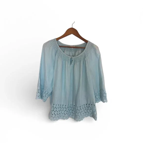 Charter Club Linen Luxury Blue Peasant Style Smocked Neckline Top Size 2X - Picture 4 of 12